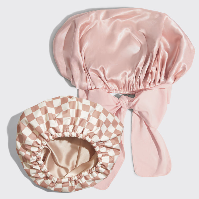Ensemble bonnet de douche doublé de satin + bonnet oversize en satin Blush