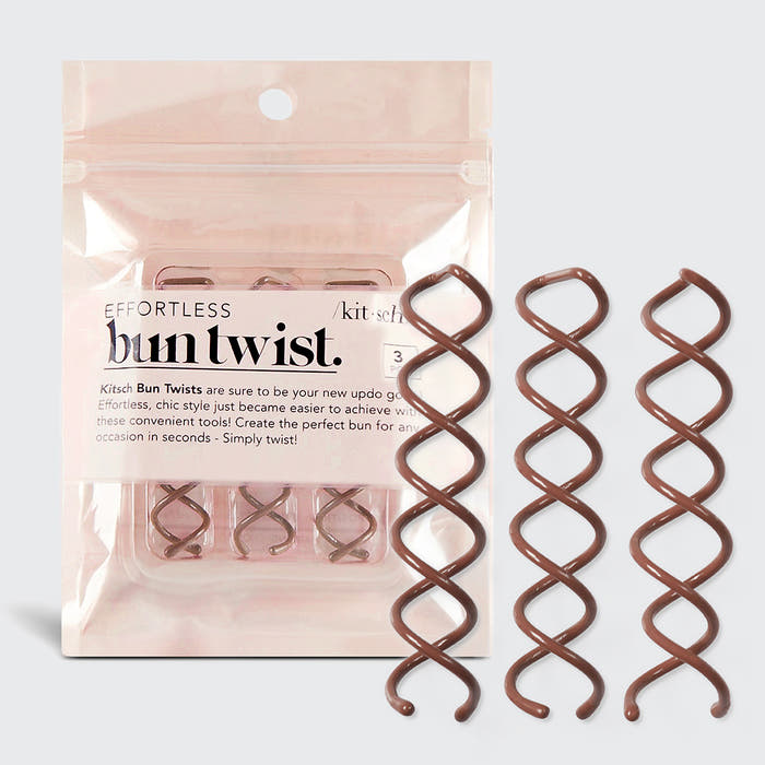 KITSCH Brown Bun Twists 3pc Set — hero shot of the three brown bun twists with retail packaging on a gray background — an easy way to create chic buns with just a twist of the wrist — effortless updo tool for any occasion