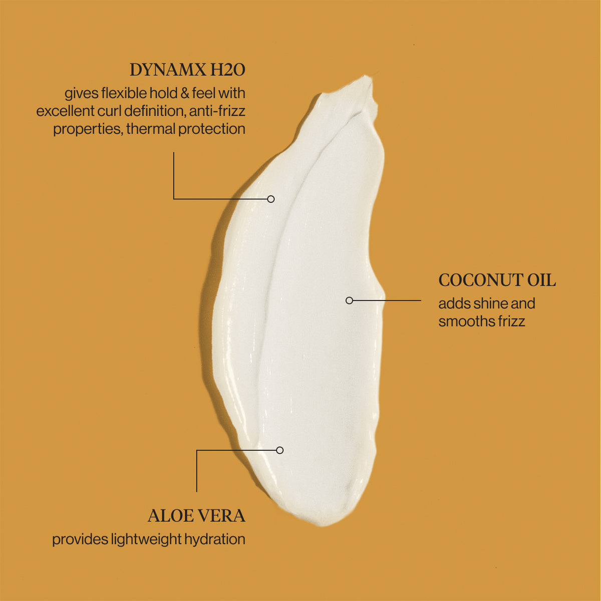KITSCH Moisturizing Curl Cream swatch with ingredient callouts: DynamX H2O for flexible hold, curl definition, anti-frizz and thermal protection; Coconut Oil adds shine and smooths frizz; Aloe Vera provides lightweight hydration