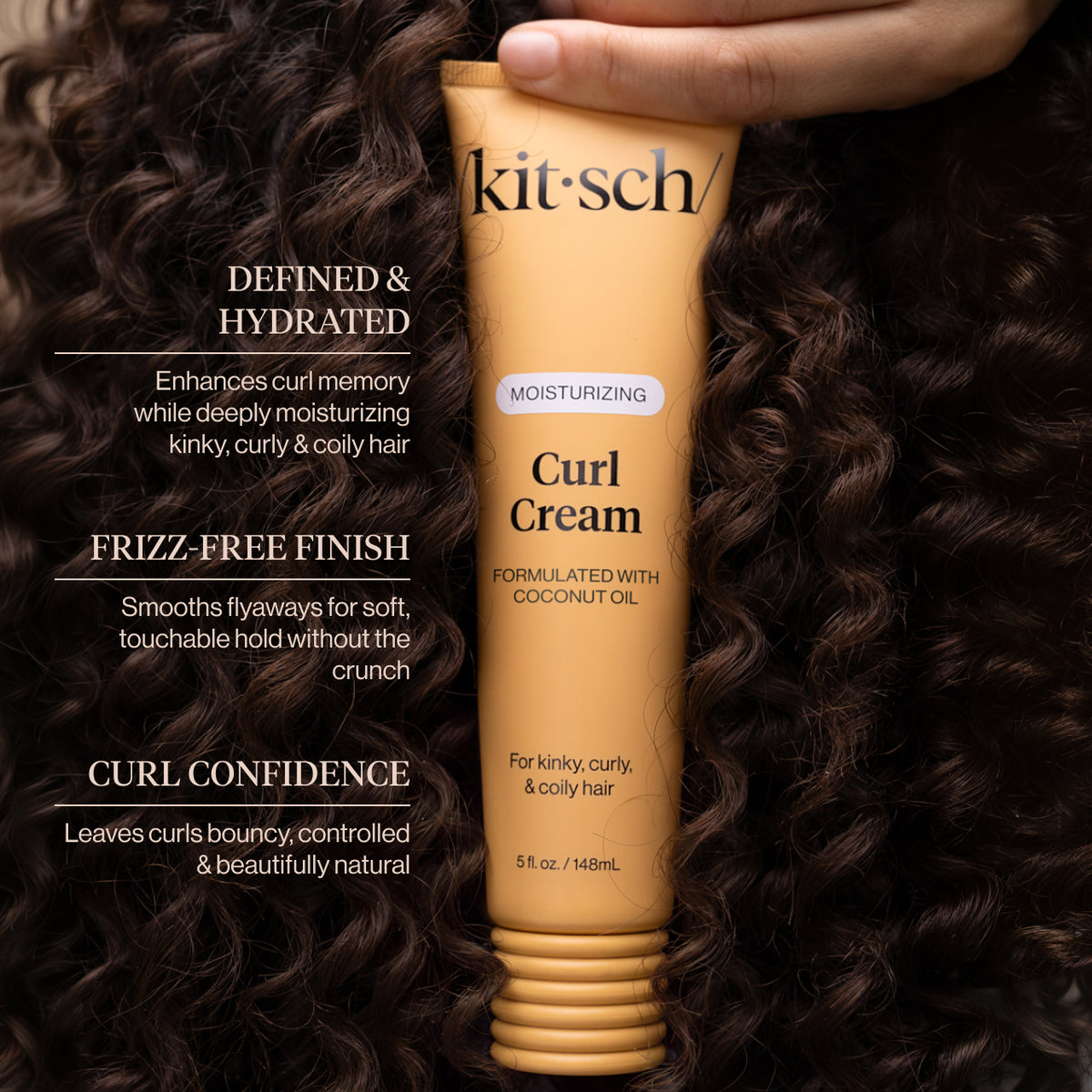 KITSCH Moisturizing Curl Cream tube over curly hair: Defined & Hydrated; Frizz-Free Finish without the crunch; Curl Confidence for bouncy, natural curls