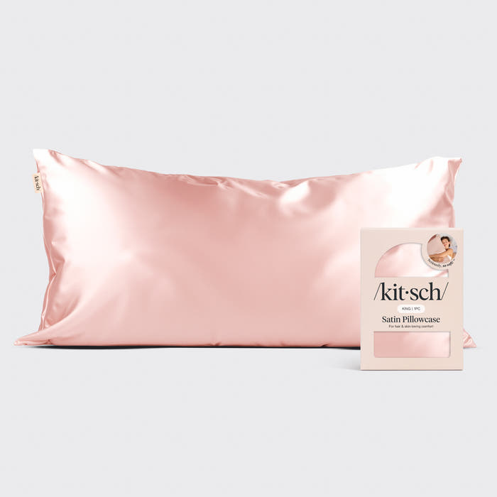 Kitsch Satin Pillowcase in Blush - King with packaging on a gray background