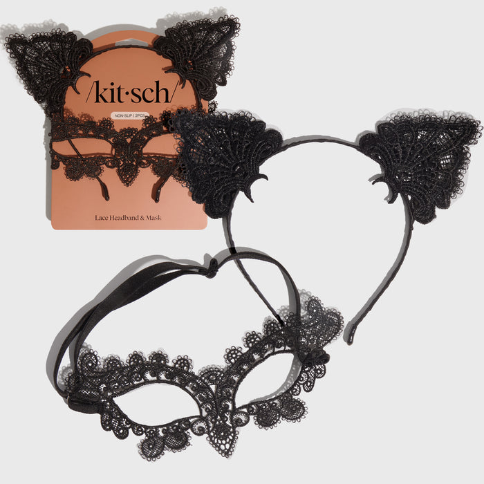 Schwarzes Katzen-Spitzenstirnband & Maske