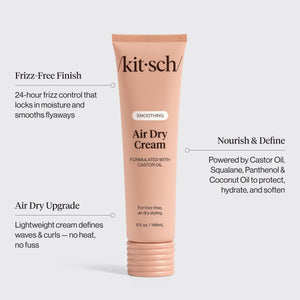 KITSCH Smoothing Air Dry Cream — ingredient-focused detail shot — Infused with Castor Oil, Squalane, Panthenol & Coconut Oil to nourish, hydrate, and protect — sheer, non-greasy formula won't weigh hair down