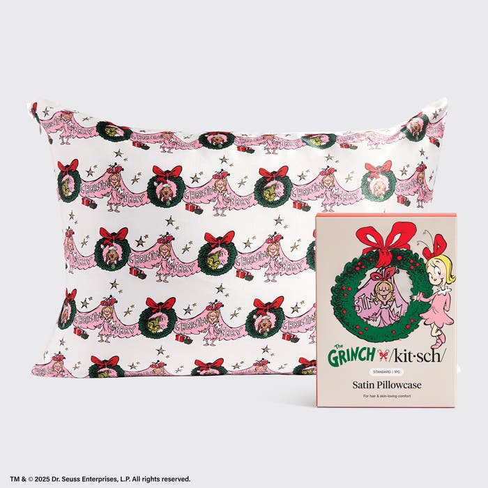 The Grinch x Kitsch Cindy Lou Who Satin Pillowcase with packaging on a light gray background