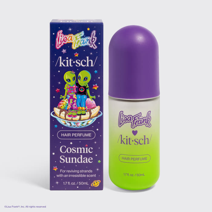 KITSCH Lisa Frank x Kitsch Cosmic Sundae Hair & Body Perfume Mist — 50mL bottle with a purple cap and lime green base next to its purple box featuring Lisa Frank aliens on an ice cream sundae — fruity rainbow sorbet & sugar stardust, patented technology eliminates odors — refresh your strands between washes