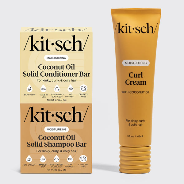 KITSCH Curly Hair Routine bundle — hero product shot — Coconut Oil Shampoo Bar, Coconut Oil Conditioner Bar & Moisturizing Curl Cream for deeply moisturized, defined, frizz-free curls