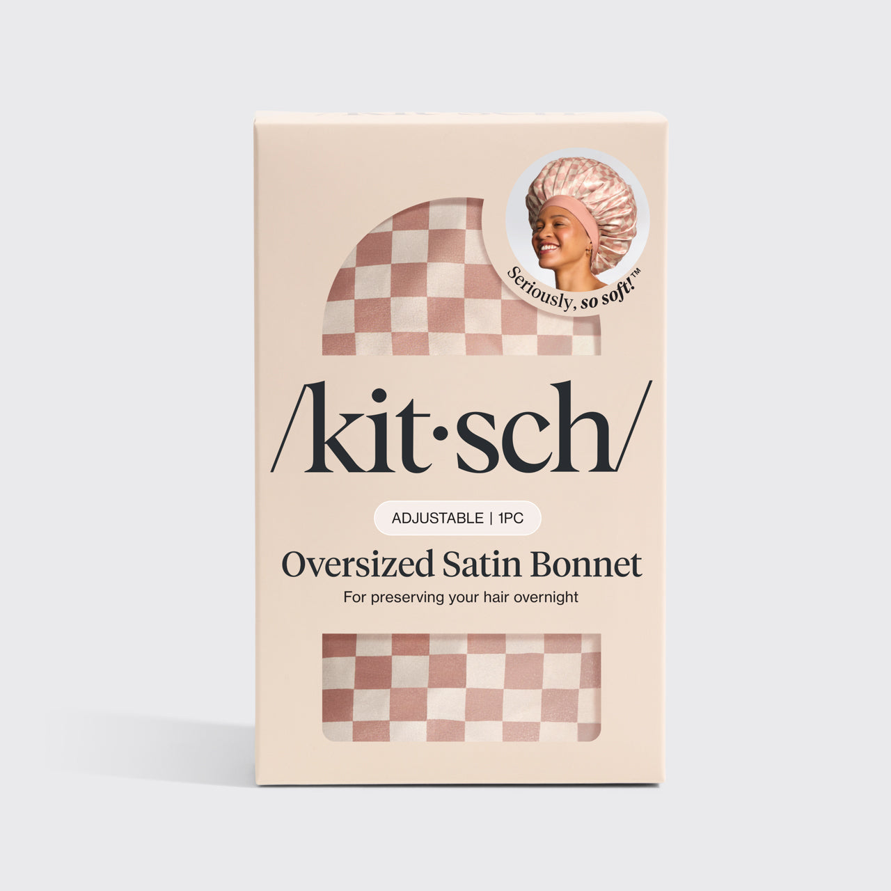 KITSCH Terracotta Checker Oversized Satin Bonnet — packaging shot — adjustable, double-layered satin, terracotta checker print