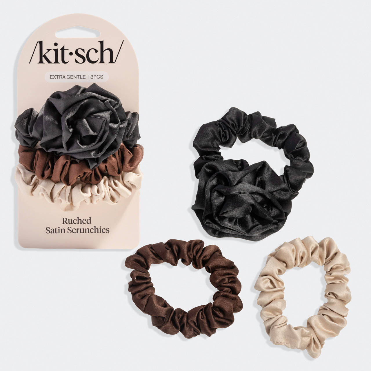 Black Rosette Ruched Satin Scrunchies | KITSCH