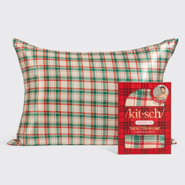 KITSCH Satin Pillowcase in Holiday — hero product shot — helps tame frizz & reduce breakage — 600 thread-count satin for smoother hair and skin