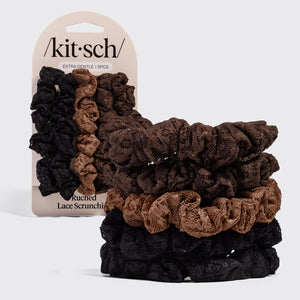 KITSCH Ruched Lace Scrunchies 5pc Set - Black, Chocolate & Mocha - hero product shot