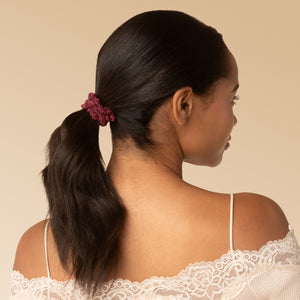 KITSCH Ruched Lace Scrunchies 5pc Set - Cherry Lacquer & Dusty Pink - on-model lifestyle