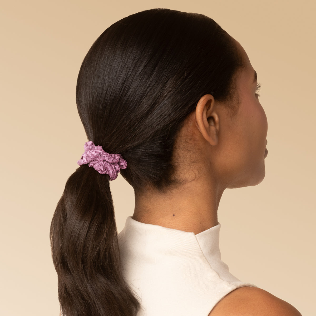 KITSCH Ruched Lace Scrunchies 5pc Set - Cherry Lacquer & Dusty Pink - on-model lifestyle detail