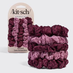 KITSCH Ruched Lace Scrunchies 5pc Set - Cherry Lacquer & Dusty Pink - hero product shot