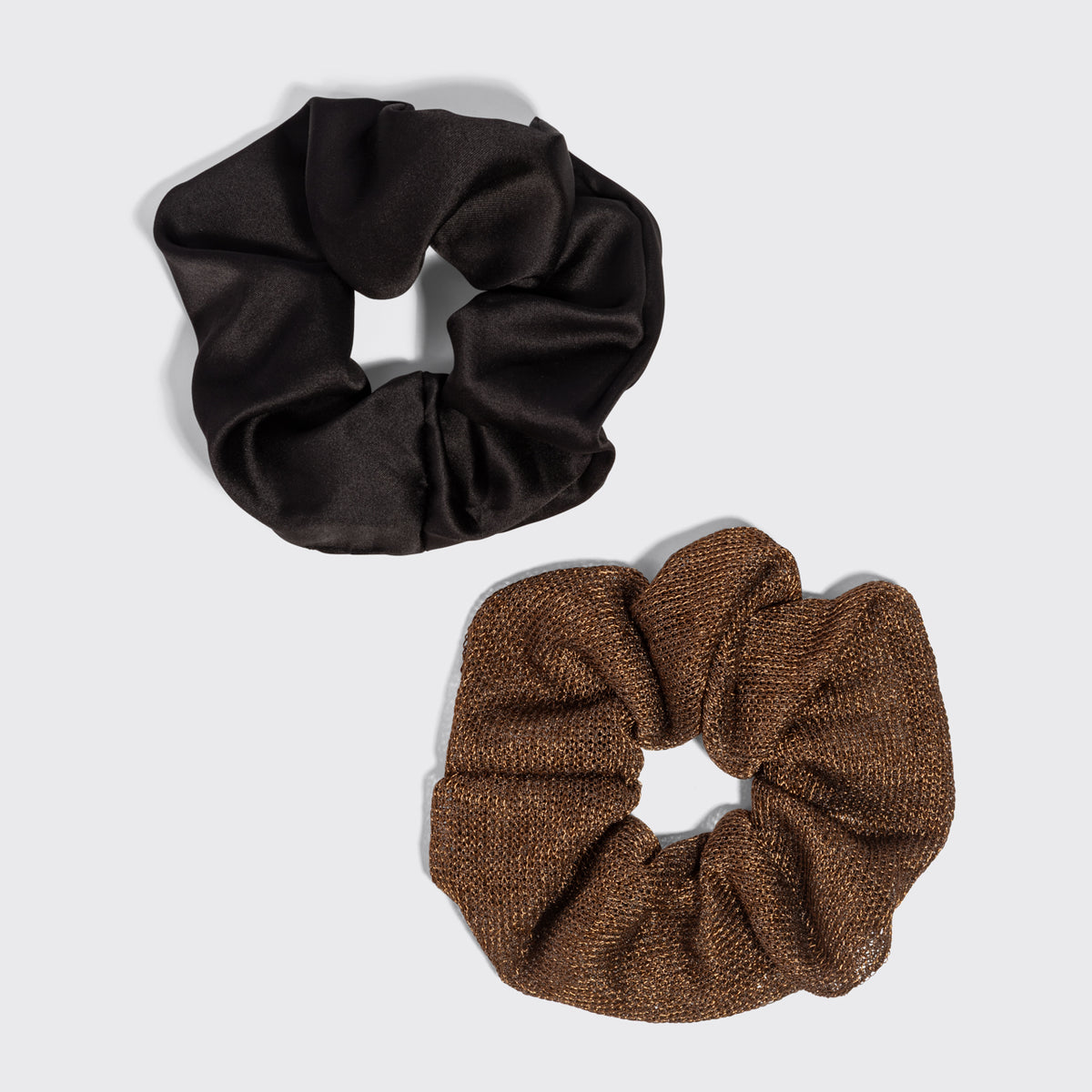 KITSCH Black & Chocolate Metallic Mesh and Satin Scrunchies 2pc Set — product shot