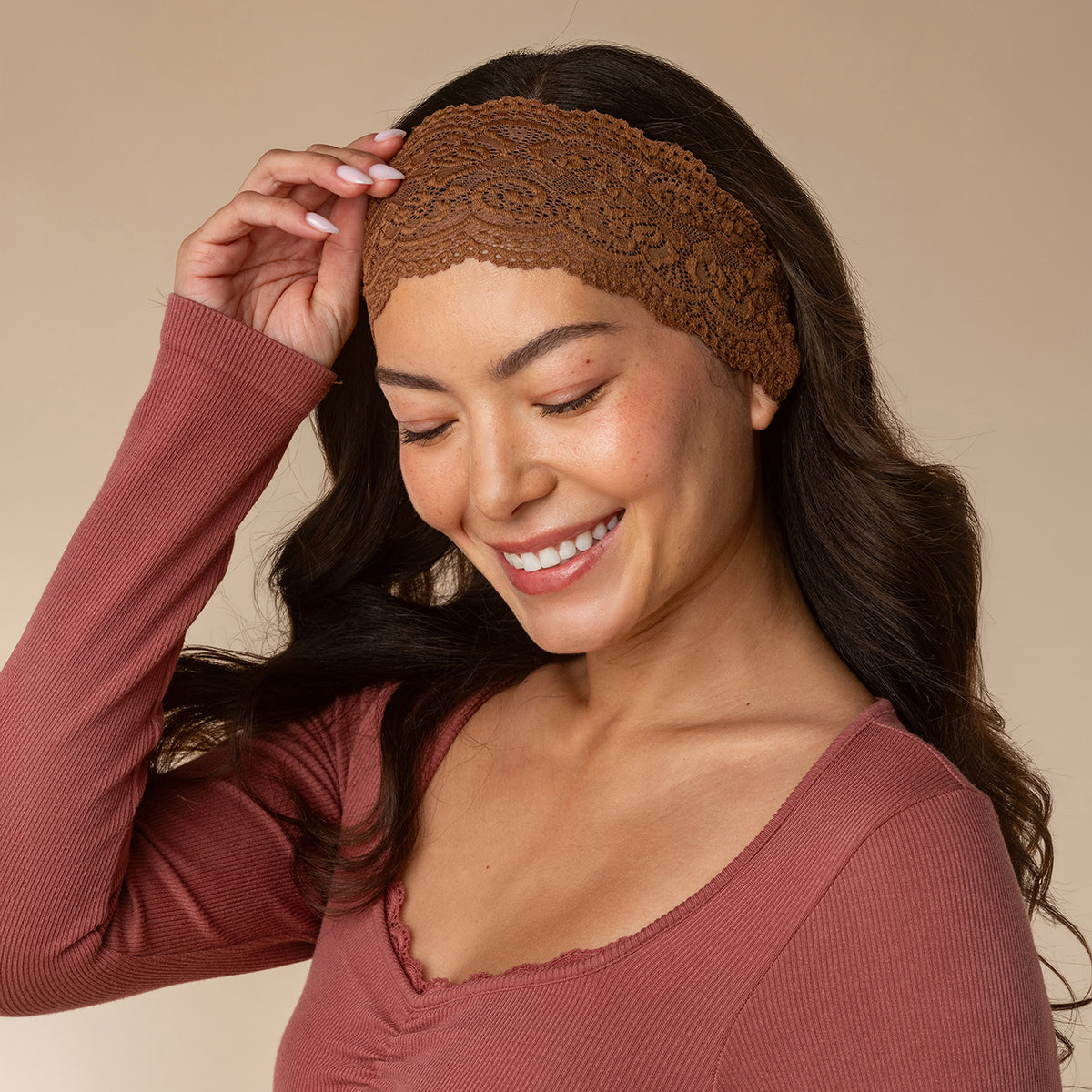 KITSCH Mocha & Chocolate Wide Lace Headbands 2pc Set — model smiling while wearing the chocolate lace headband — no headaches, comfortable and lightweight for all-day wear — all-day wear