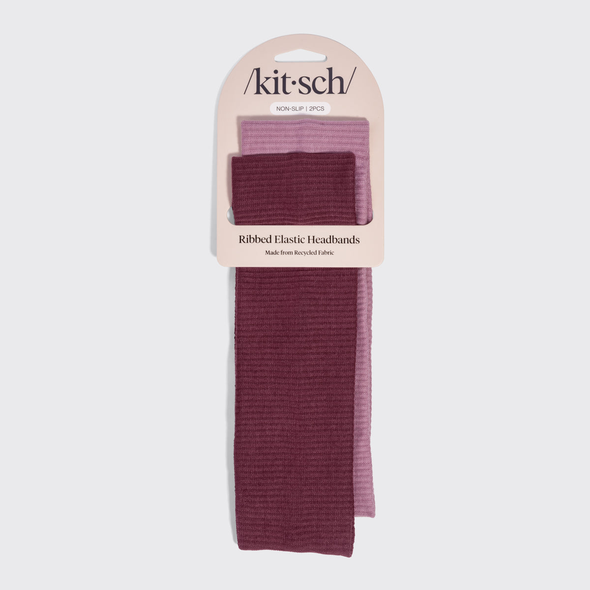 KITSCH Recycled Fabric Ribbed Elastic Headbands 2pc Set — packaging shot of the Cherry Lacquer & Dusty Pink headbands in Kitsch retail packaging — made from recyclable, sustainably sourced materials