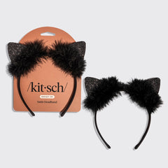 Serre-tête oreilles de chat en satin noir pailleté