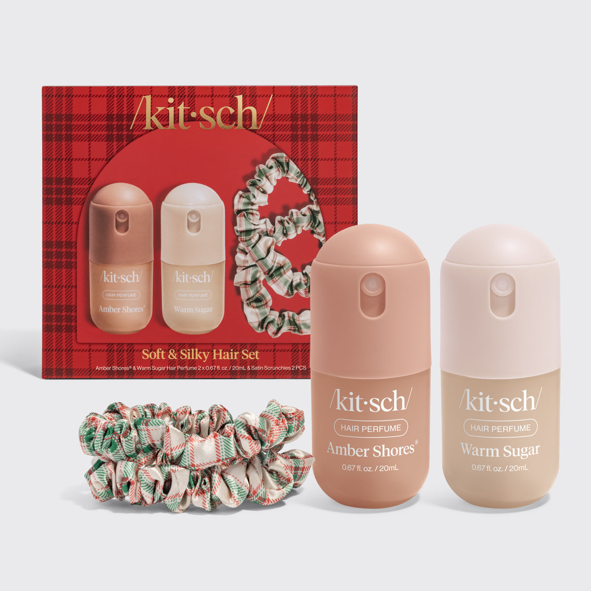 KITSCH Soft & Silky Hair 4pc Set — red plaid gift box shown with the Amber Shores and Warm Sugar mini hair perfumes and two ivory, red and green plaid satin scrunchies on a light gray backdrop — wear each hair perfume solo or layer them to create your own signature scent — quickly refreshes your hair between washes
