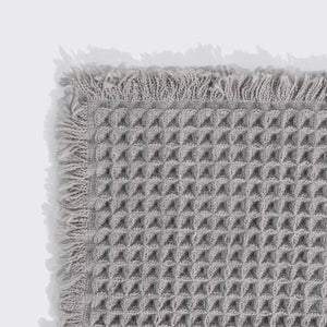 Close-up of a gray waffle-knit bath mat's corner, showing the woven texture and fringed trim.