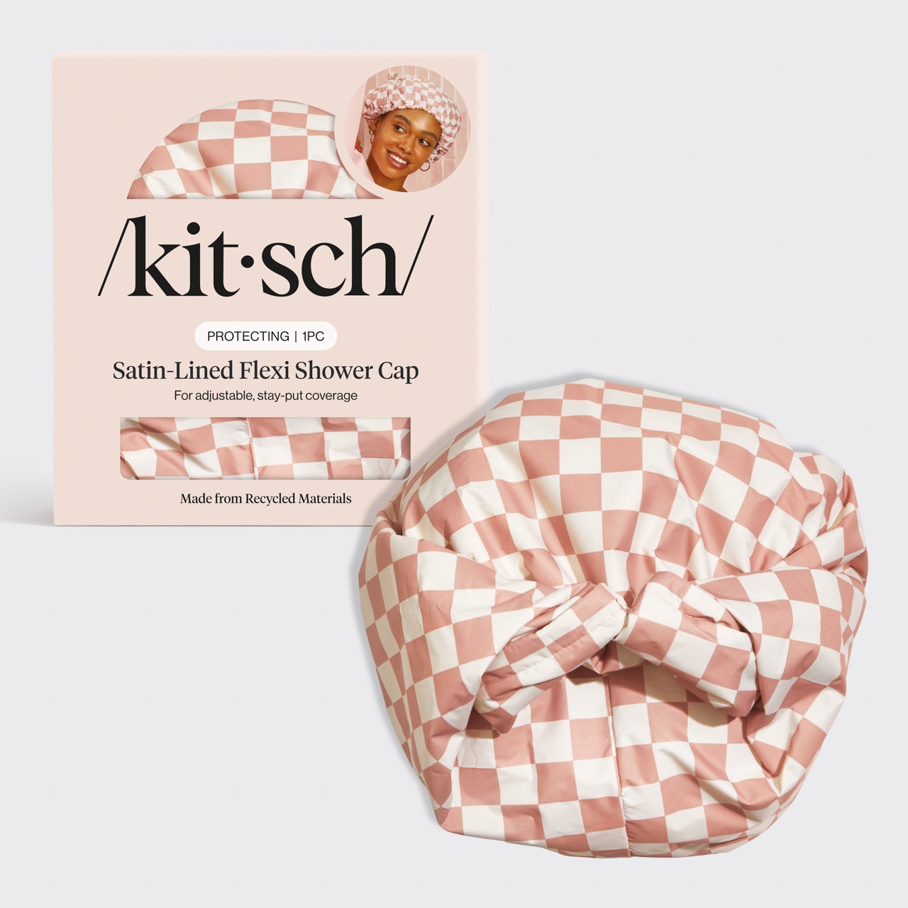Satin gefütterte Flexi-Duschhaube - Terrakotta-Karo