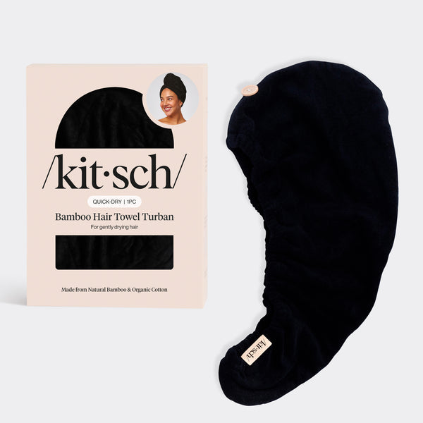 Kitsch Black Microfiber Hair Towel with product packaging.