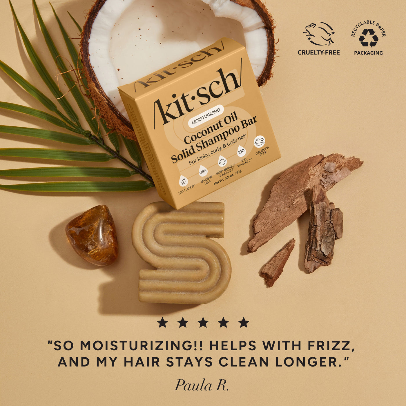KITSCH Coconut Oil Shampoo Bar for Dry Damaged Hair — 5-star customer review graphic — Formulated with Coconut Oil known to boost hydration — free of parabens, phthalates, silicones, sulfates & artificial fragrance