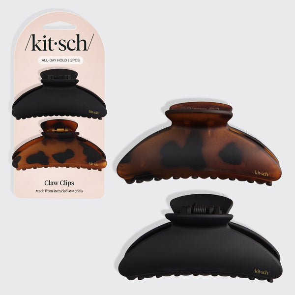 KITSCH Black & Tort Curved Claw Clips 2pc Set Medium — black and tort clips shown with their packaging card — consciously created from recycled materials — everyday hair pinning