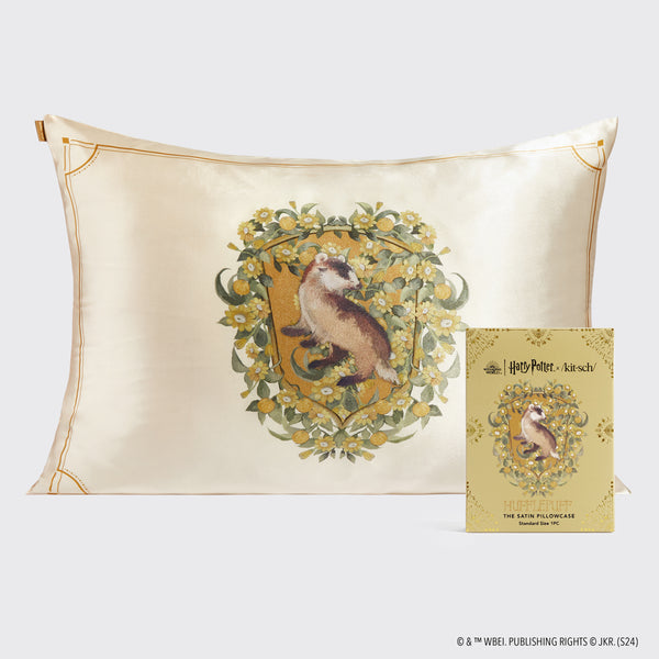 Kitsch x Harry Potter Satin Pillowcase in Hufflepuff with packaging — hero