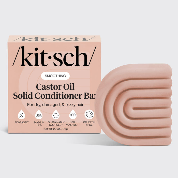 KITSCH Castor Oil Nourishing Conditioner Bar — hero product shot on light gray background — SMOOTHING Castor Oil Solid Conditioner Bar retail box with bar — For dry, damaged, & frizzy hair — Bio-based | Made in USA | Sustainably Sourced | 100 Washes | Cruelty-Free — Net Wt. 2.7 oz / 77g — Infused with castor oil to help restore moisture and maintain healthy, healed ends