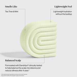 Tea Tree & Mint Clarifying Conditioner Bar benefits infographic: lightweight hydration, Dandrilys® scalp microbiome balance, tea tree & mint scent — part of the Bye Buildup Trio by KITSCH