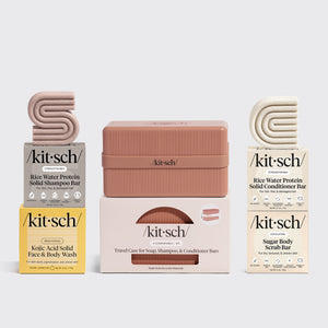 FREE Travel Kit 4-Compartment Case with Rice Water Protein Shampoo Bar, Rice Water Protein Conditioner Bar, Kojic Acid Face & Body Bar, Sugar Exfoliating Body Scrub Bar, and Terracotta 4-Compartment Travel Case
