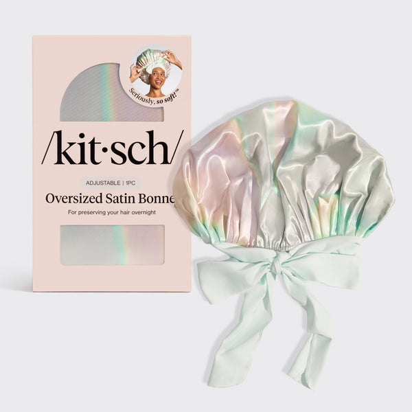 KITSCH Aura Oversized Satin Bonnet — hero product shot — adjustable, double-layered iridescent satin — helps reduce friction, breakage & frizz overnight