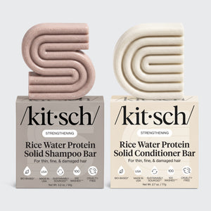 KITSCH Rice Water Shampoo & Conditioner Bar Combo for Hair Growth — hero product shot — Formulated with Rice Tein NPNF®, clinically proven to increase hair volume and improve appearance of natural shine in just 5 washes — conditions & encourages overall hair length & density