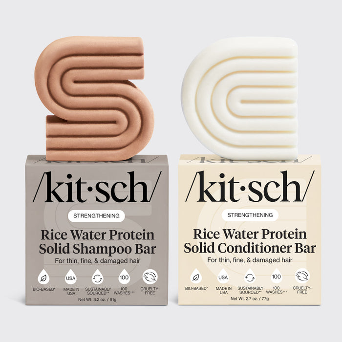 KITSCH Anti-Shedding Hair Essentials Bundle — hero infographic — Rice Water Shampoo & Conditioner bars side by side — clinically backed strengthening duo with hydrolyzed rice protein (20% volume in 5 washes)