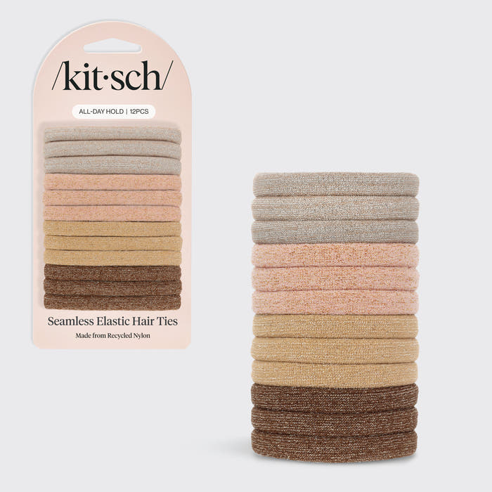 Kitsch Neutral Glitter Elastics 12pc Set shown in packaging alongside a stacked tower of elastics on a white background