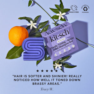 KITSCH Purple Toning Shampoo & Conditioner Bar Combo for Color-Treated & Grey Hair — 5-star customer review for Biotin purple toning shampoo bar — neutralizes unwanted brassiness and yellow undertones — enjoy smoother, stronger & more vibrant blonde hair after just one use