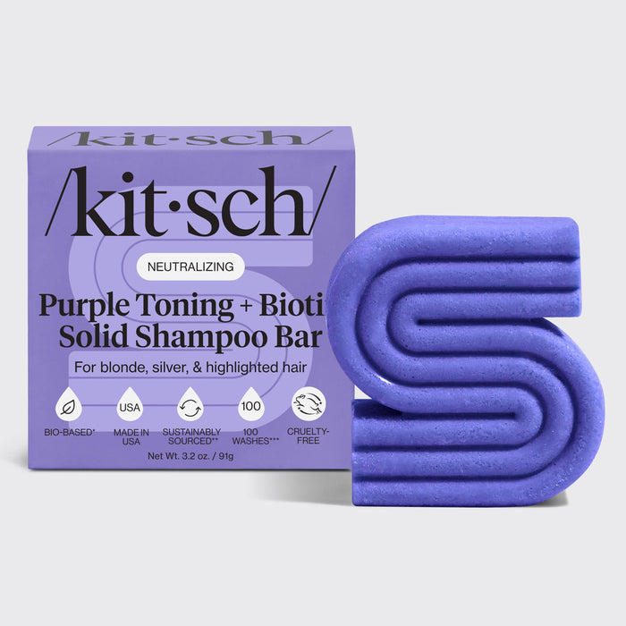KITSCH Purple Toning Shampoo Bar for Color Treated & Grey Hair — hero shot of Biotin purple toning solid shampoo bar — world’s first solid purple shampoo bar with Biotin, neutralizes unwanted brassiness and yellow undertones — safe for color-treated, highlighted, grey & white hair