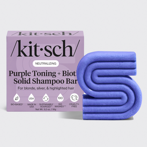 KITSCH Purple Toning + Biotin Solid Shampoo Bar 3.2oz — packaging reads: NEUTRALIZING, For blonde, silver, & highlighted hair — icons: Bio-Based, Made in USA, Sustainably Sourced, 100 Washes, Cruelty-Free — bottle-free solid bar shampoo, Net Wt. 3.2 oz / 91g