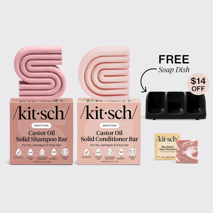 KITSCH Nourishing Castor Oil Self Draining Black Soap Dish Bundle — hero bundle flat lay on light gray background — Castor Oil Solid Shampoo Bar + Solid Conditioner Bar + Shea Butter Body Wash Bar + FREE black self-draining soap dish — $14 OFF — For dry, damaged, & frizzy hair — Holds all 3 bars at once