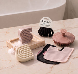 Rice Water: Kitsch Free Welcome Kit with Rice Water shampoo and conditioner bars, Terracotta Scalp Exfoliator, Blush Shampoo Bar Bag, Black Conditioner Bar Bag, and Black Seamless Hair Elastics.