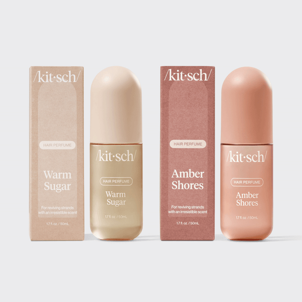 Kitsch Vanilla Vacation Duo – Warm Sugar and Amber Shores hair perfumes paired on a soft warm background